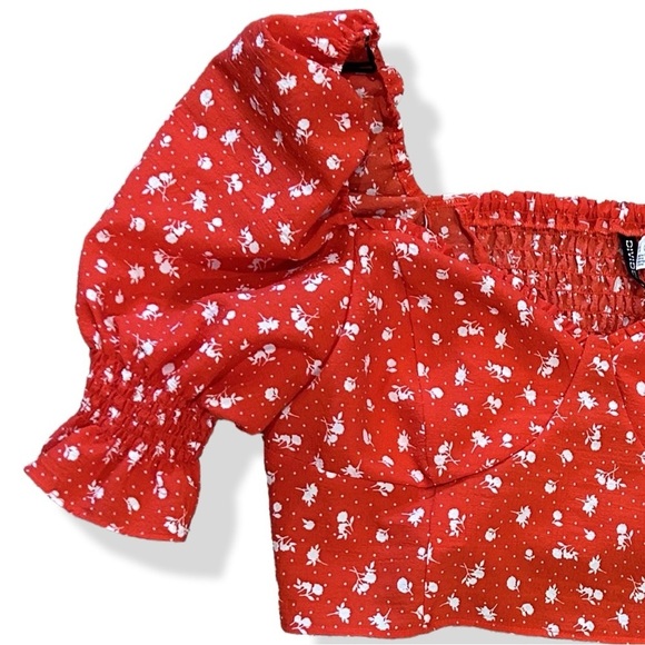 H&M Junior Puff Sleeve Crop Top Red Floral Shirt  Boho Top Summer Resort wear - Picture 4 of 9